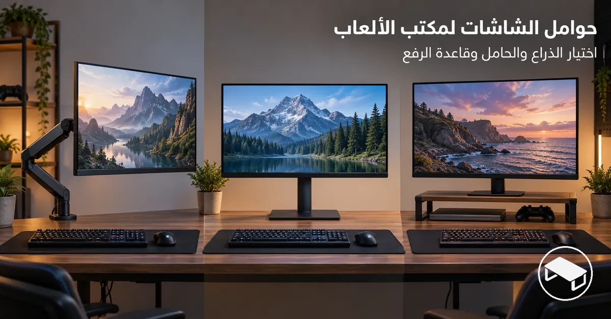 خيارات دعم الشاشة على مكتب ألعاب تشمل ذراع شاشة قابلًا للتعديل وحاملًا مكتبيًا وقاعدة لرفع الشاشة