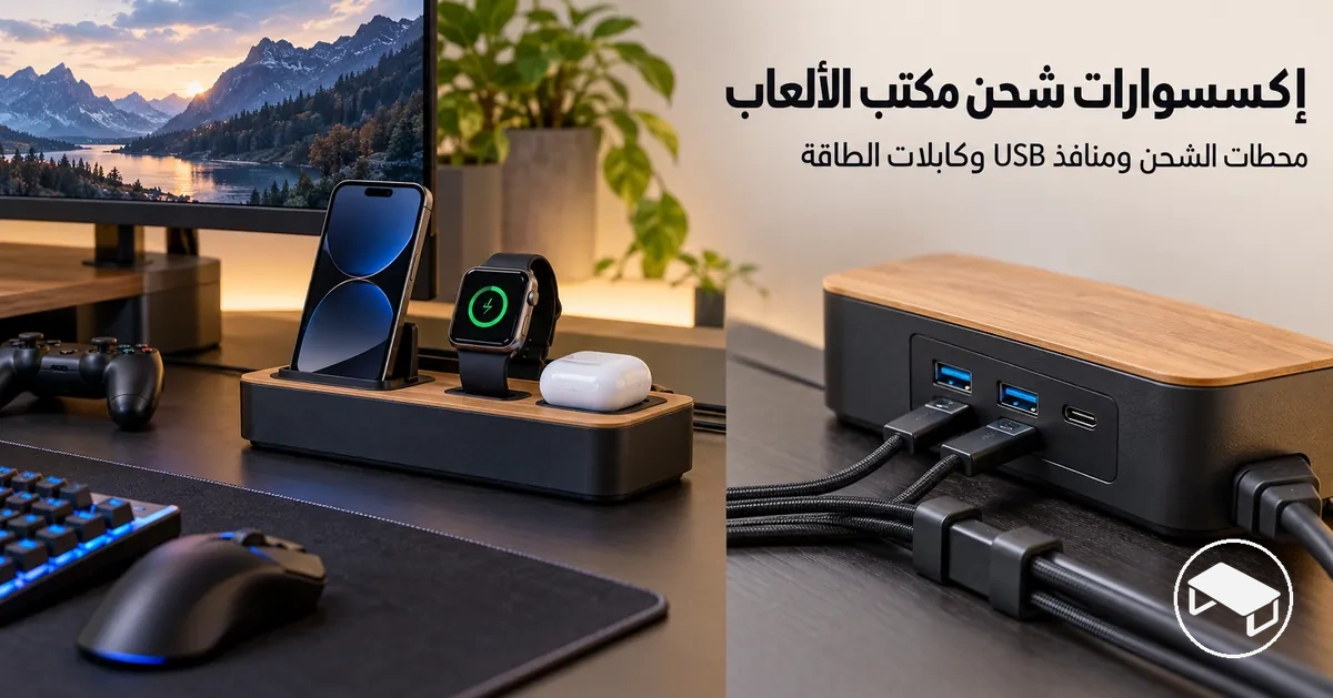 مكتب ألعاب مزود بمحطة شحن مكتبية ومنافذ شحن USB وكابلات طاقة منظمة