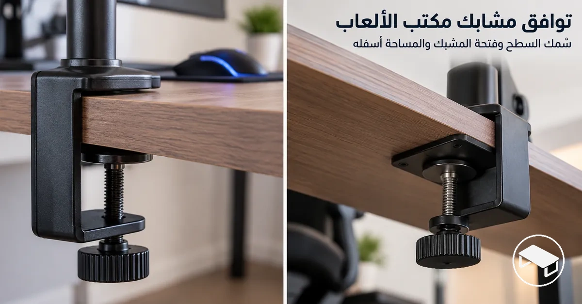 مشبك تثبيت على حافة مكتب ألعاب يوضح سُمك سطح المكتب وفتحة المشبك والمساحة المتاحة أسفل السطح