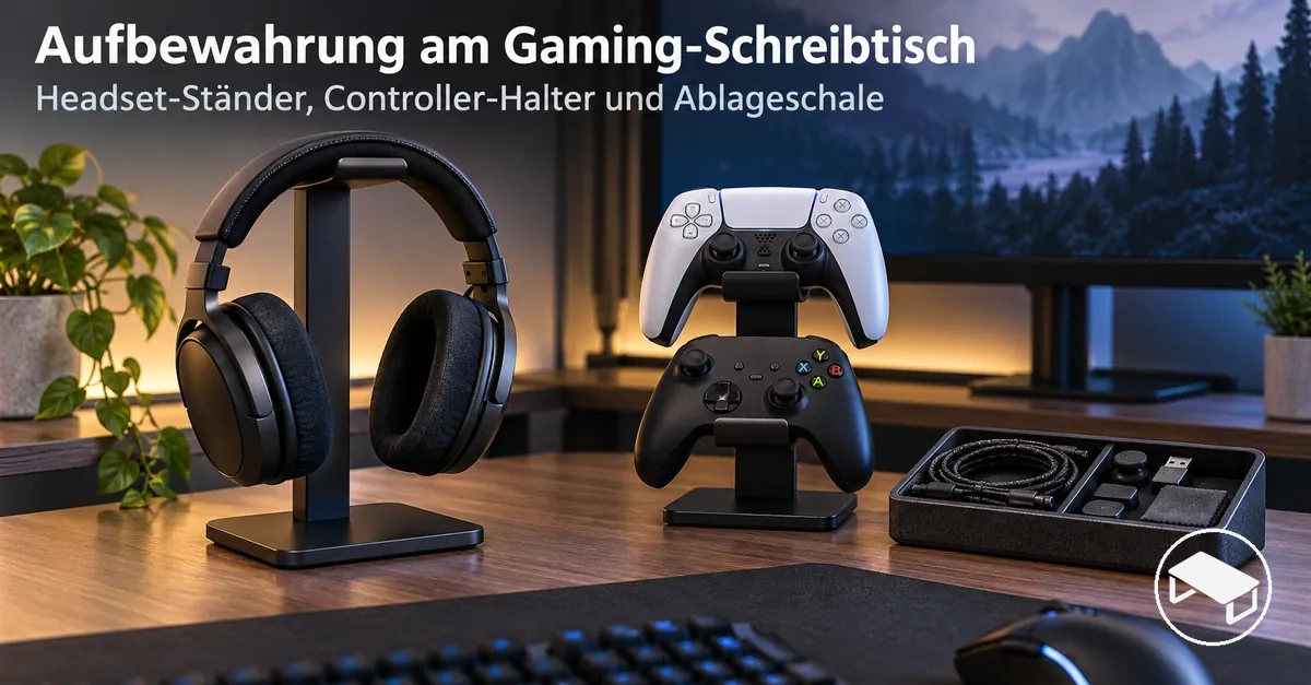 Gaming-Schreibtisch mit Headset-Ständer, Controller-Halterungen und kleiner Ablageschale für Zubehör