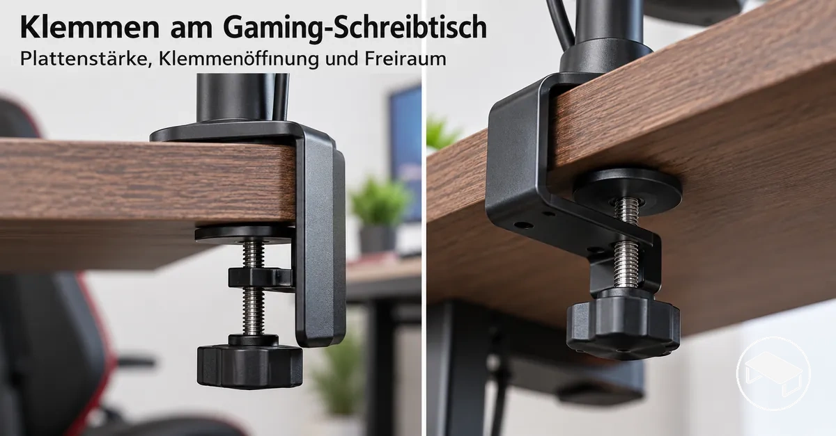Befestigungsklemme am Gaming-Schreibtisch mit Darstellung der Tischplattenstärke, Klemmenöffnung und des freien Raums unter der Tischplatte