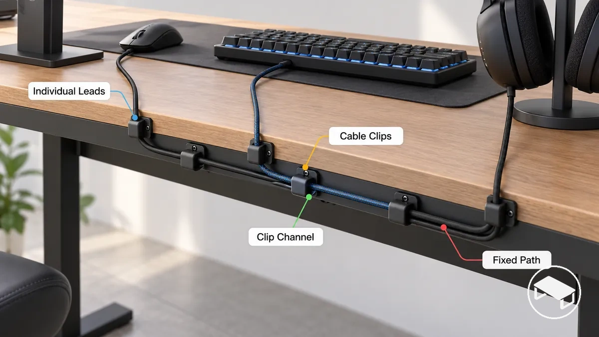 Kabelclips am Schreibtisch, die einzelne Peripherieleitungen entlang eines festen Wegs unter einem Gaming-Schreibtisch führen