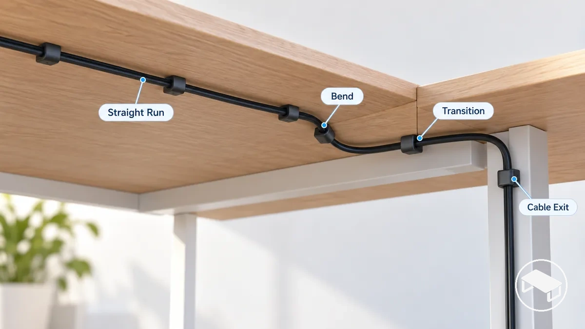 Kabelweg unter einem Schreibtisch mit Kabelclips an einer Biegung, einem Oberflächenübergang und einem Kabelaustritt sowie weniger Halterungspunkten entlang eines geraden Verlaufs