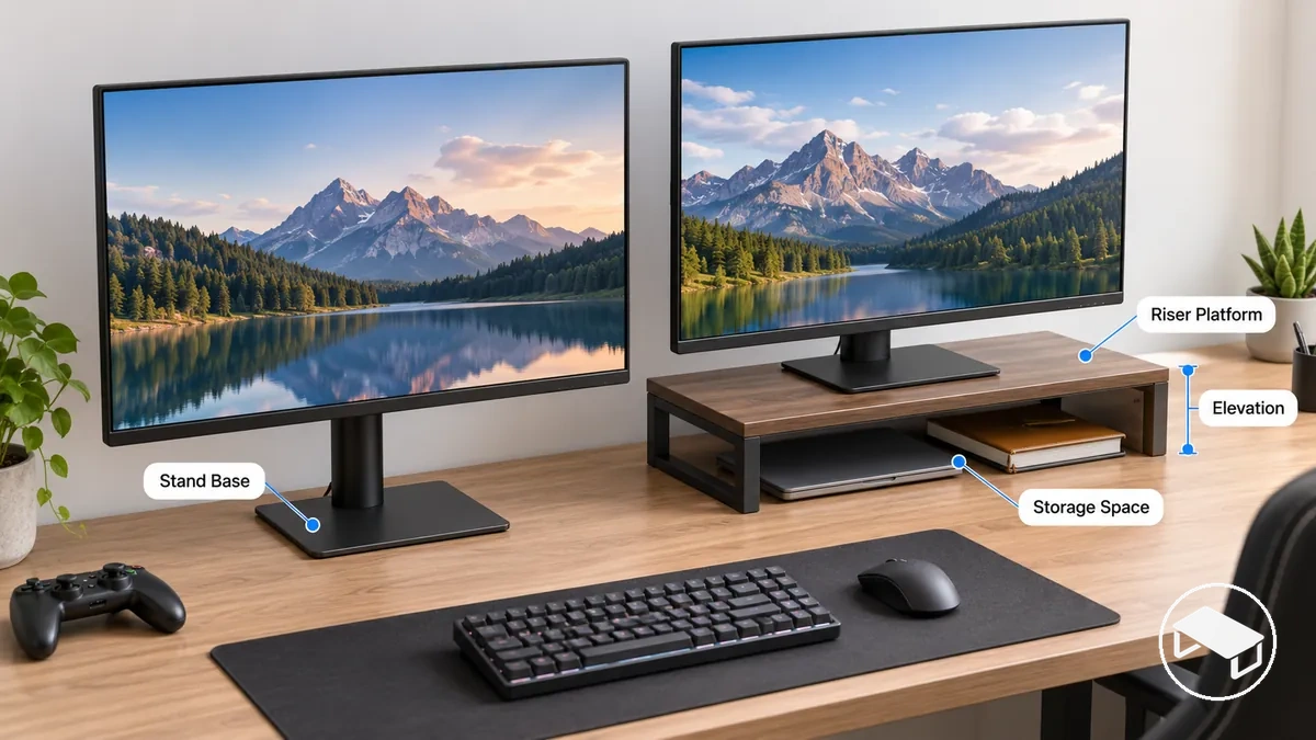 Monitorstandfuß und Monitorerhöhung mit unterschiedlichen Basen, Anhebung des Displays und Flächennutzung auf dem Schreibtisch