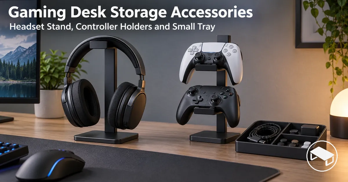 Gaming desk storage arrangement with a headset stand, controller holders and a small accessory organizer tray