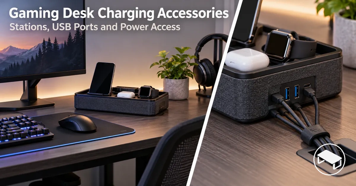Gaming desk with a desktop charging station, USB charging ports and organized power-access cables