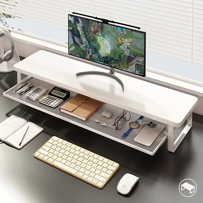 Double-layer desktop monitor riser with a mesh storage tray