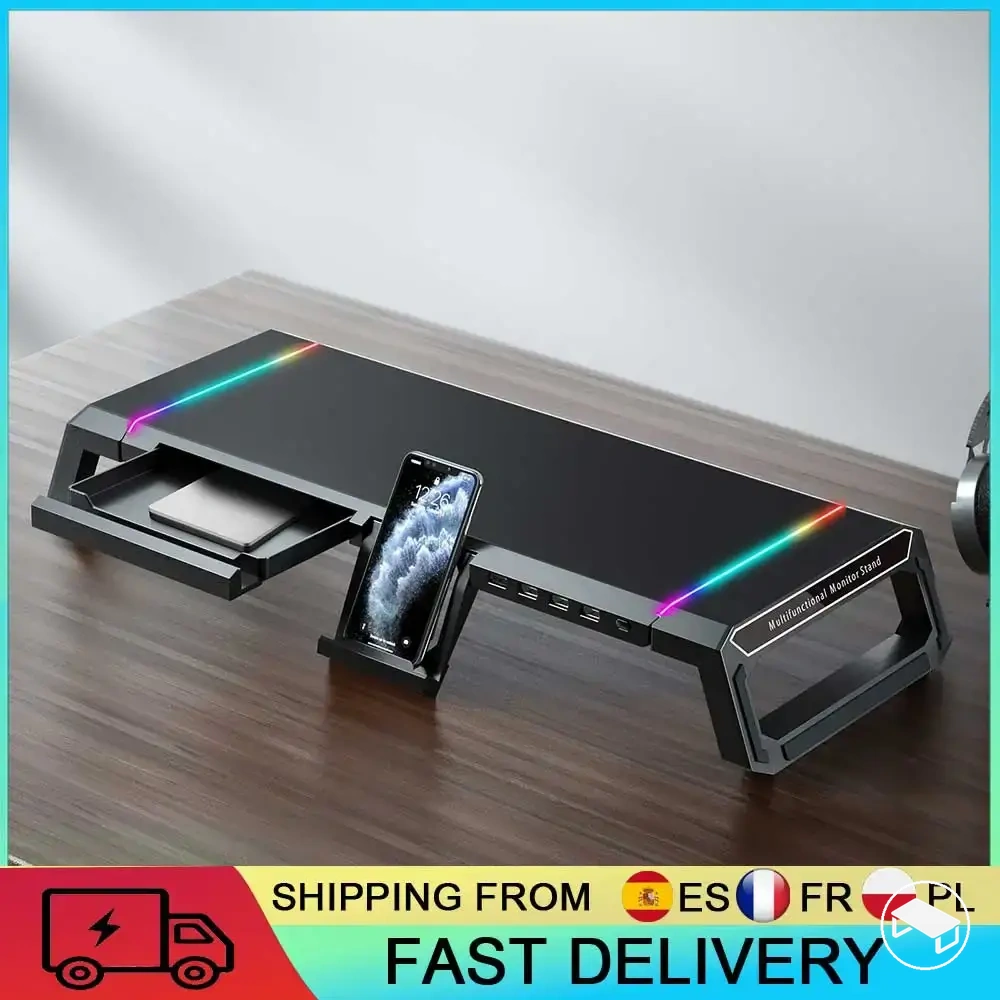 Foldable RGB monitor riser with four USB ports and a storage tray
