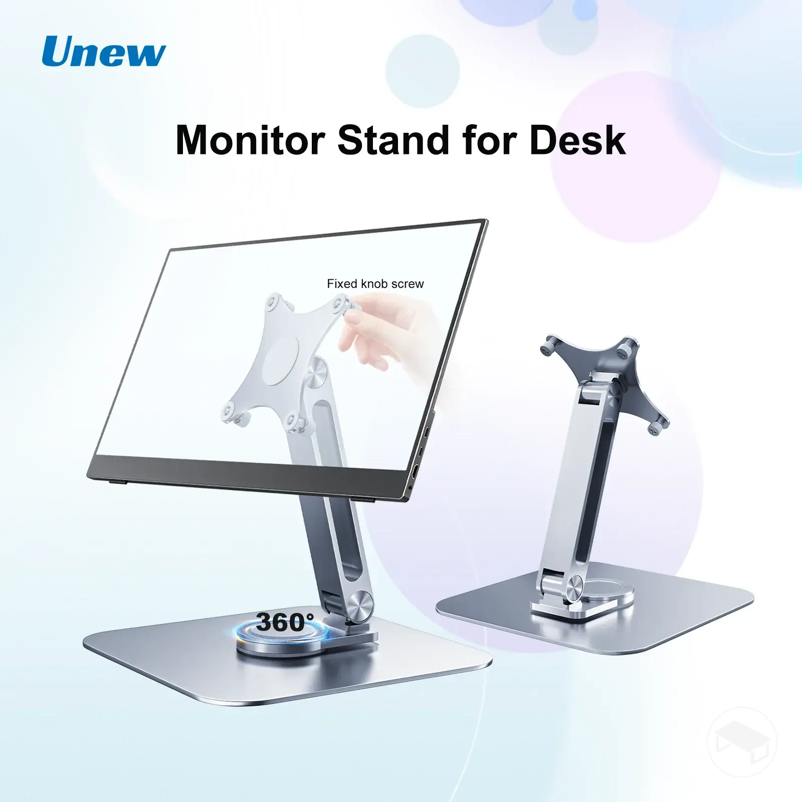 Portable aluminium monitor stand with 360-degree rotation and VESA 75 x 75 mounting