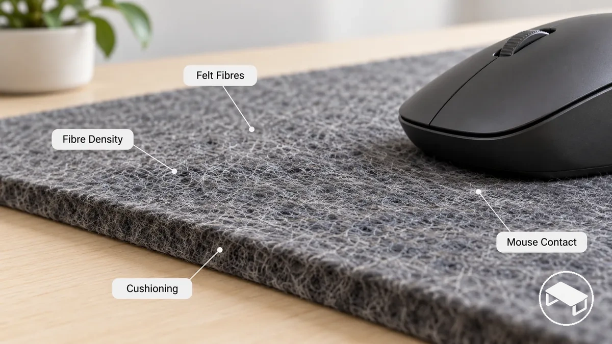 Close-up felt gaming desk mat showing visible fibres, surface thickness and gaming mouse contact area