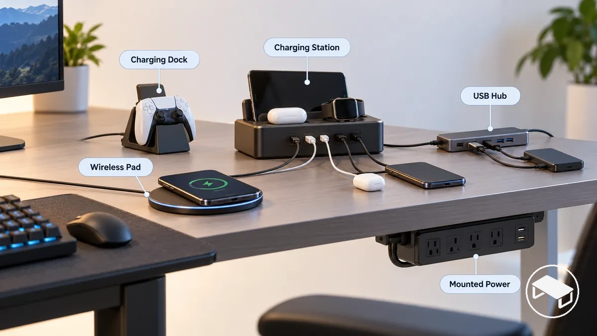 Gaming desk charging station, charging dock, USB hub, wireless charging pad, and mounted power access shown by function