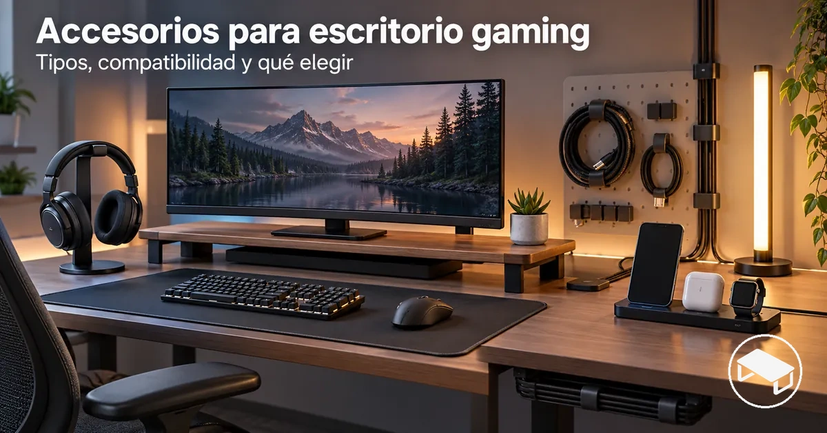 Escritorio gaming con soporte de monitor, alfombrilla, organizadores de cables, soporte para auriculares, iluminación y accesorios de carga