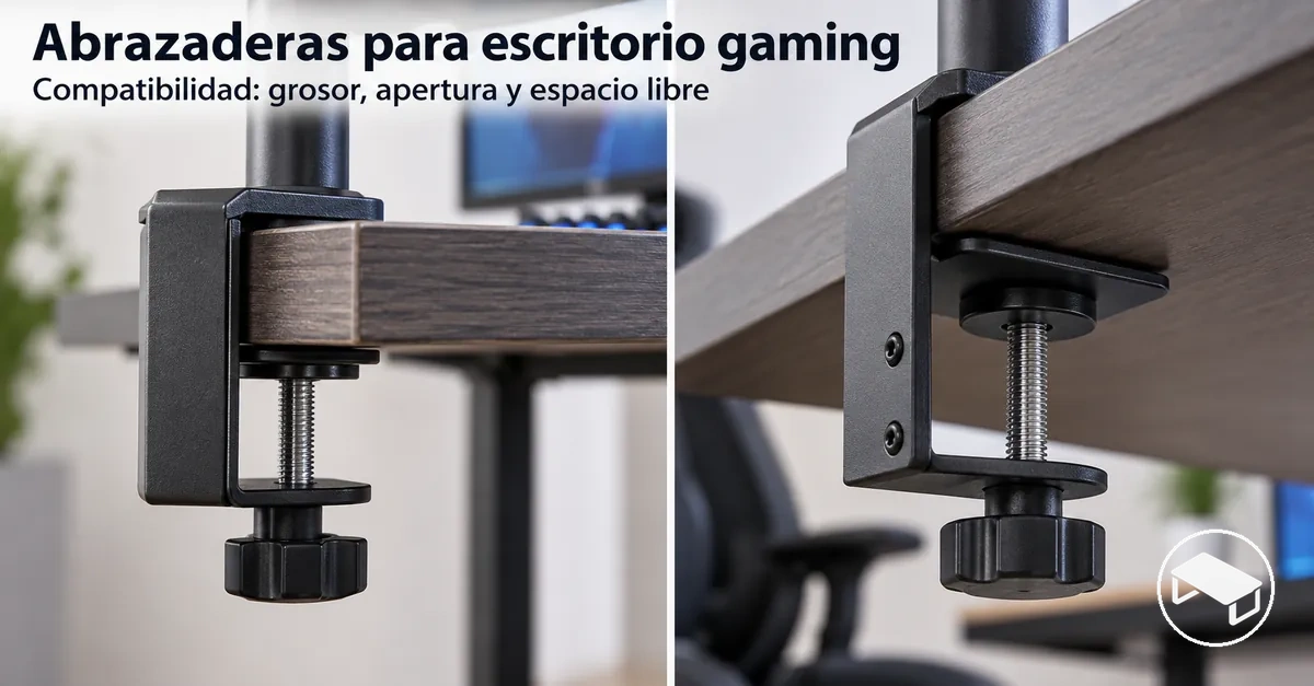 Abrazadera de montaje en el borde de un escritorio gaming que muestra el grosor del tablero, la apertura de la abrazadera y el espacio libre inferior