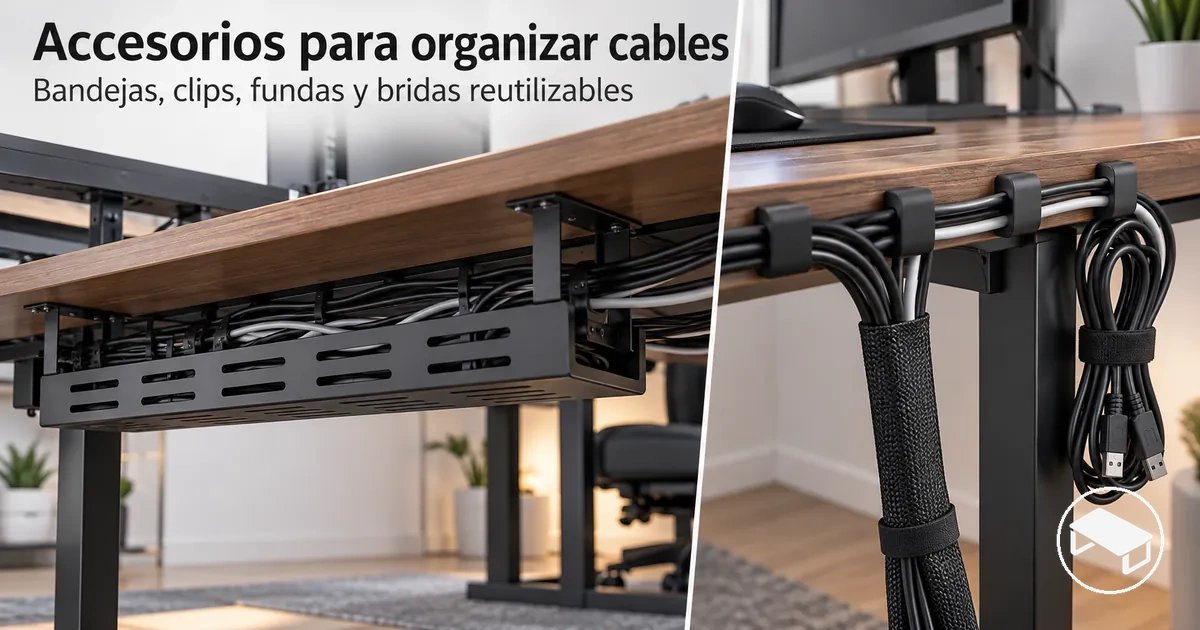 Accesorios para organizar los cables de un escritorio gaming, con bandeja bajo el tablero, clips, fundas y bridas reutilizables