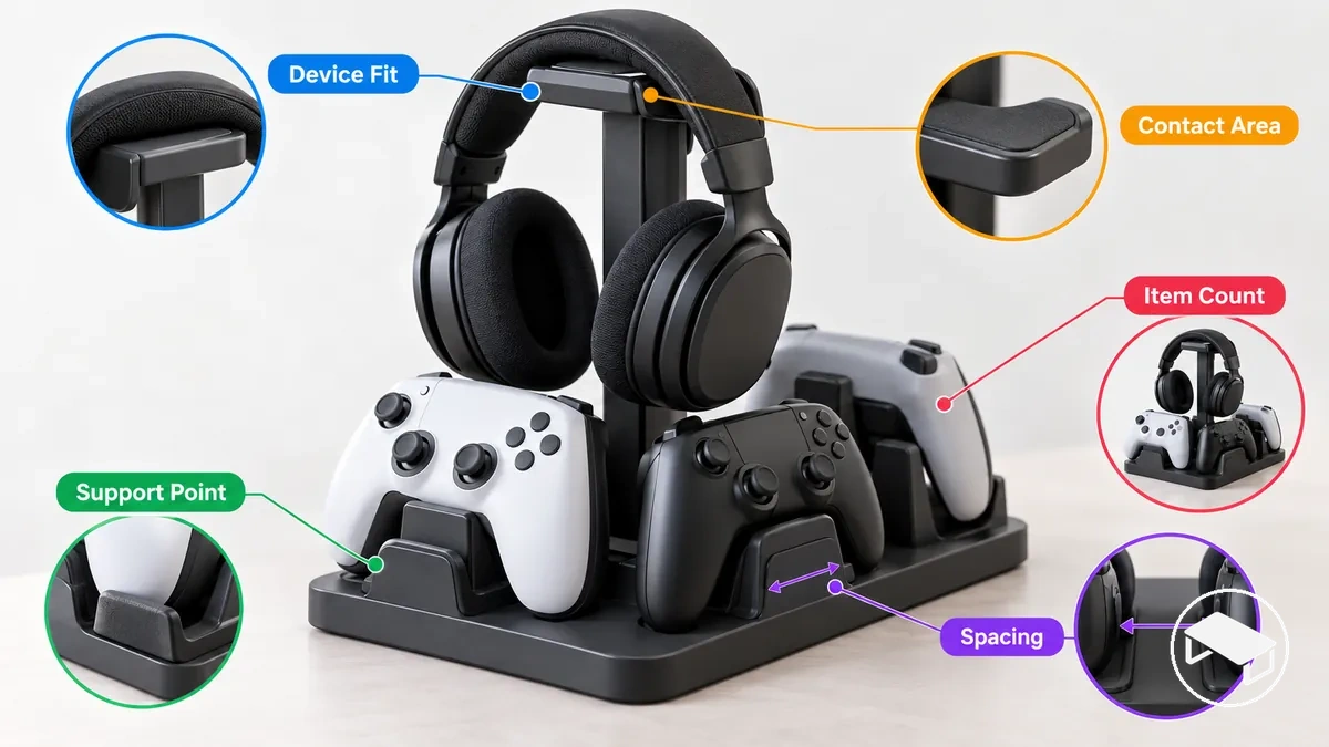 Soportes de auriculares y mandos anotados que muestran las zonas de contacto, la capacidad y la separación para un apoyo seguro