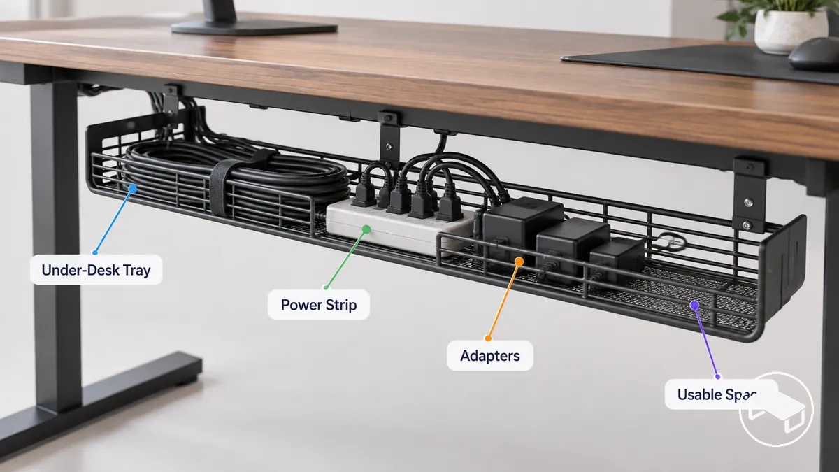 Bandeja para cables bajo el escritorio que contiene cables agrupados, una regleta de alimentación y adaptadores bajo un escritorio gaming
