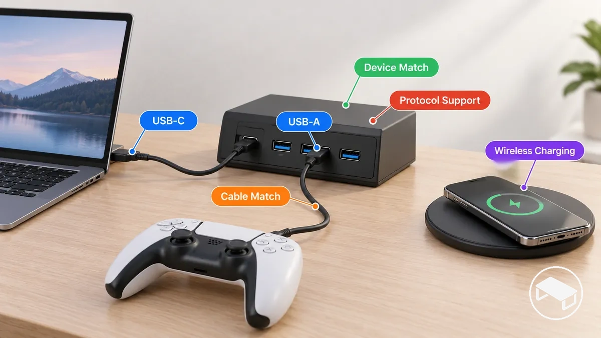 Puertos de carga USB-C y USB-A conectados a diferentes dispositivos de escritorio para mostrar la compatibilidad de puerto y carga
