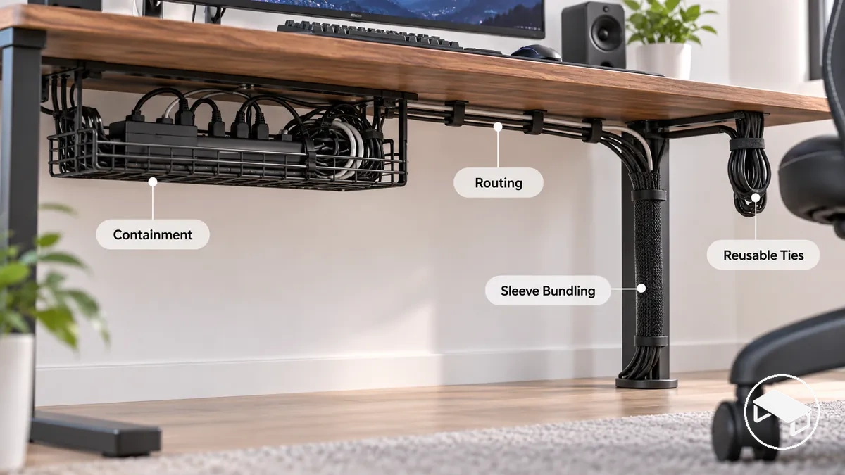 Comparación de bandejas para cables, clips, fundas y bridas reutilizables que muestra sus distintas funciones de organización de cables