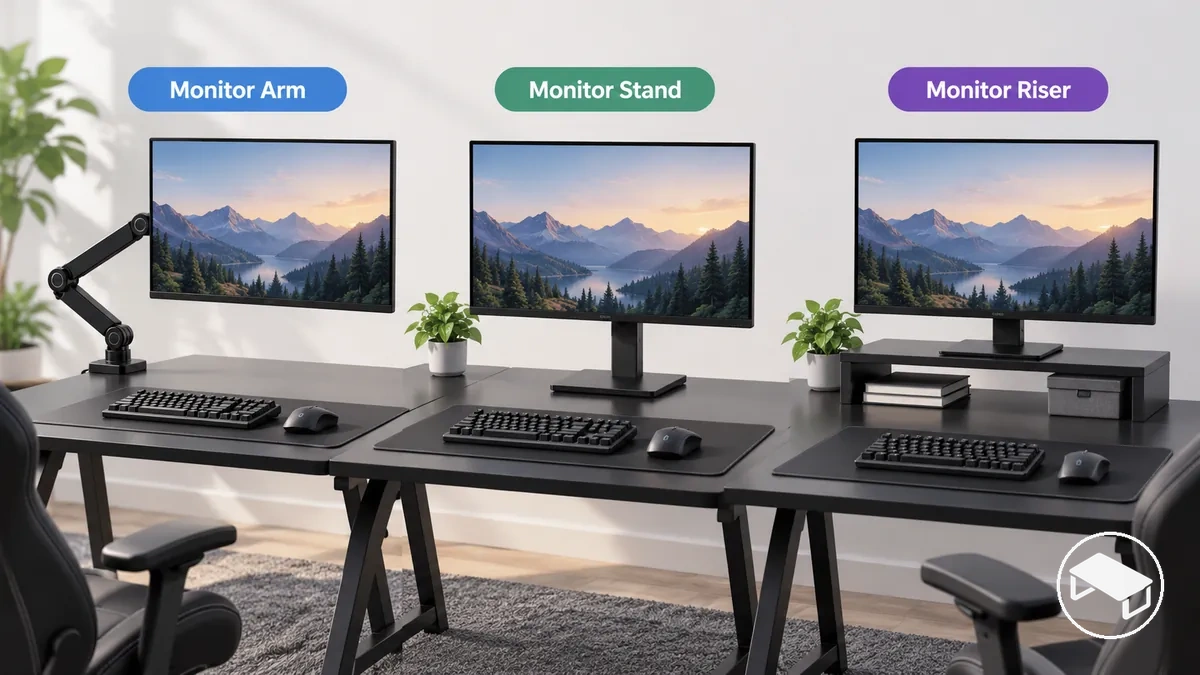 Brazo de monitor, base de sobremesa y elevador de monitor mostrados como tres tipos de soportes de monitor para escritorio gaming
