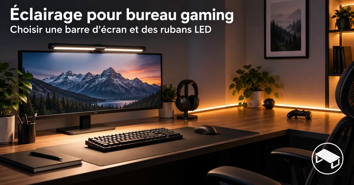 Bureau gaming éclairé par une barre lumineuse pour écran et des rubans LED disposés autour du plateau