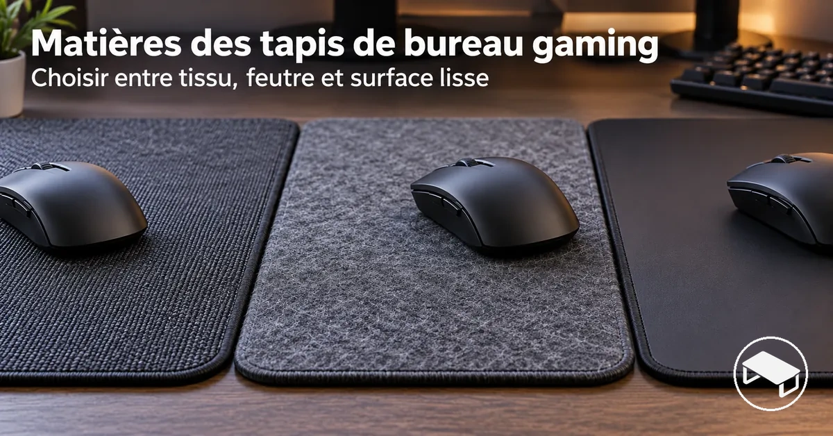 Comparaison en gros plan de tapis de bureau gaming montrant différentes textures en tissu, en feutre et des surfaces lisses