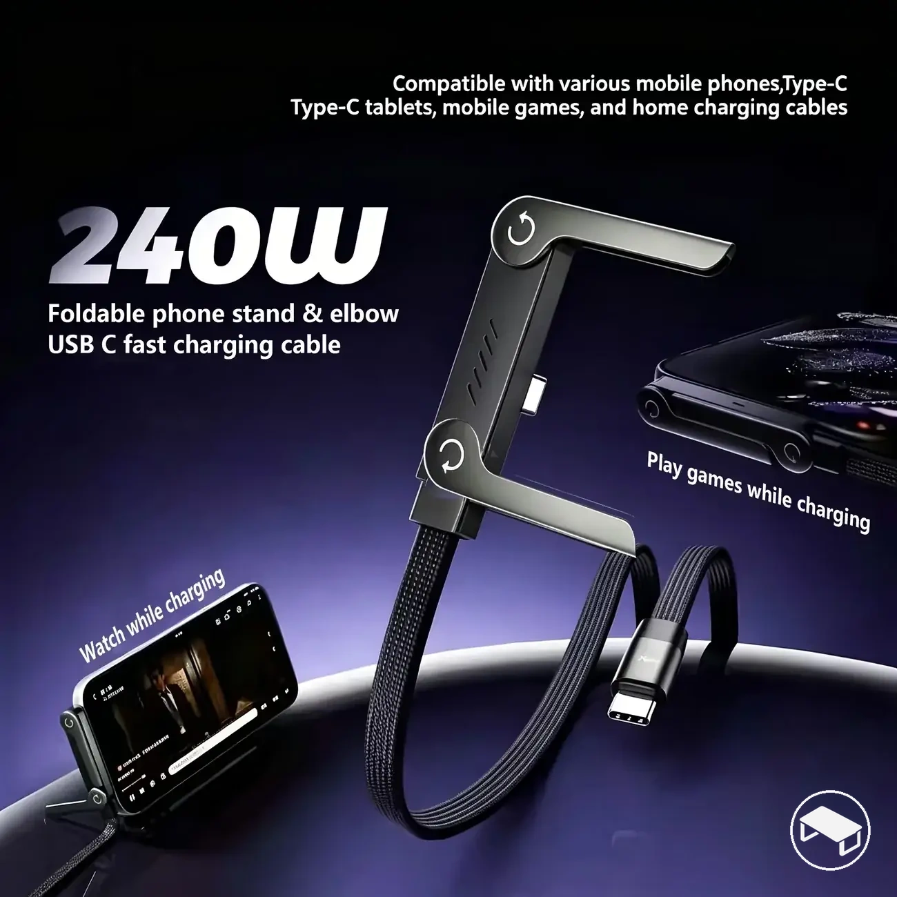 Câble de charge USB-C vers USB-C de 240 W avec support pliable intégré