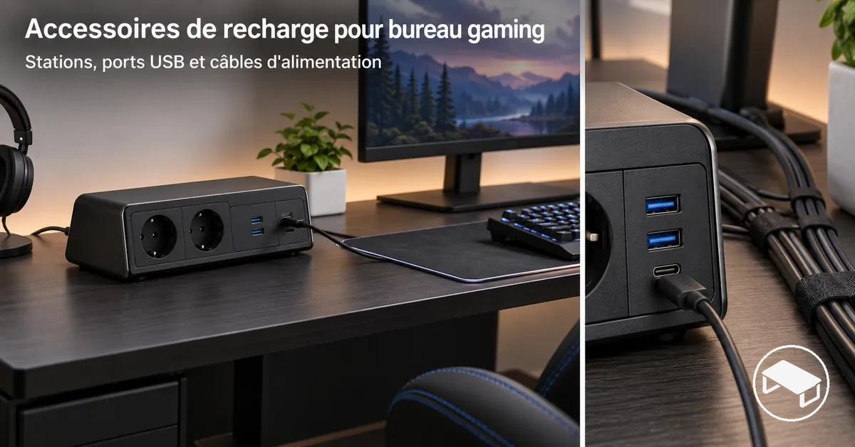 Bureau gaming avec une station de recharge, des ports USB et des câbles d'alimentation bien rangés