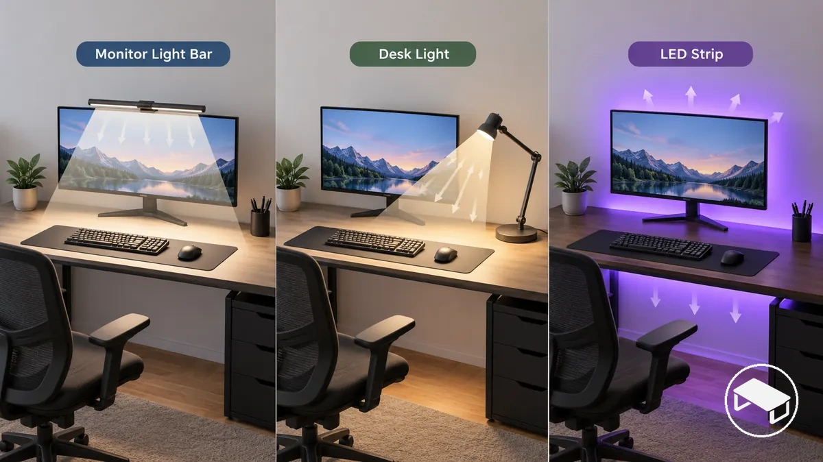 Bureau gaming comparant une barre lumineuse pour moniteur, une lampe de bureau et un ruban LED selon le placement et la direction de la lumière