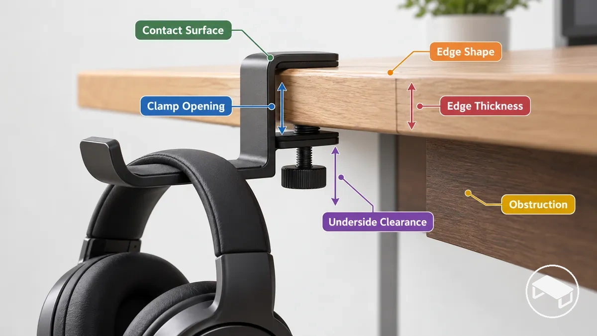 Suporte de headset com garra anotado mostrando espessura da borda da mesa, abertura da garra, folga inferior e obstrução