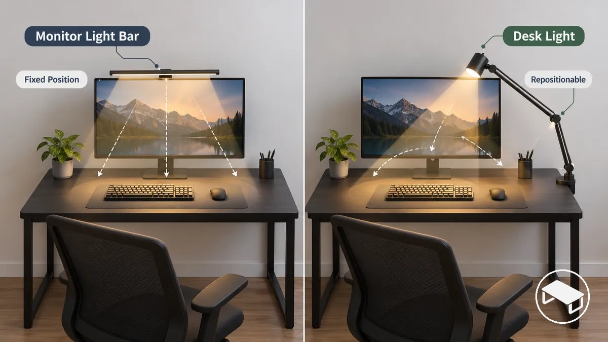 Mesa gamer compacta comparando uma barra de luz para monitor acima da tela com uma luminária de mesa reposicionável e suas direções de feixe pela superfície de trabalho