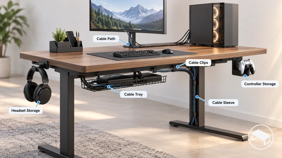 Mesa gamer com gerenciamento de cabos sob a mesa, suporte para headset e armazenamento de controle, mostrando caminhos de cabos organizados e espaço livre na superfície