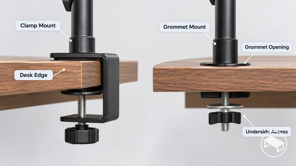 Suporte de grampo em uma borda de mesa comparado com um suporte de ilhós através de uma abertura na mesa