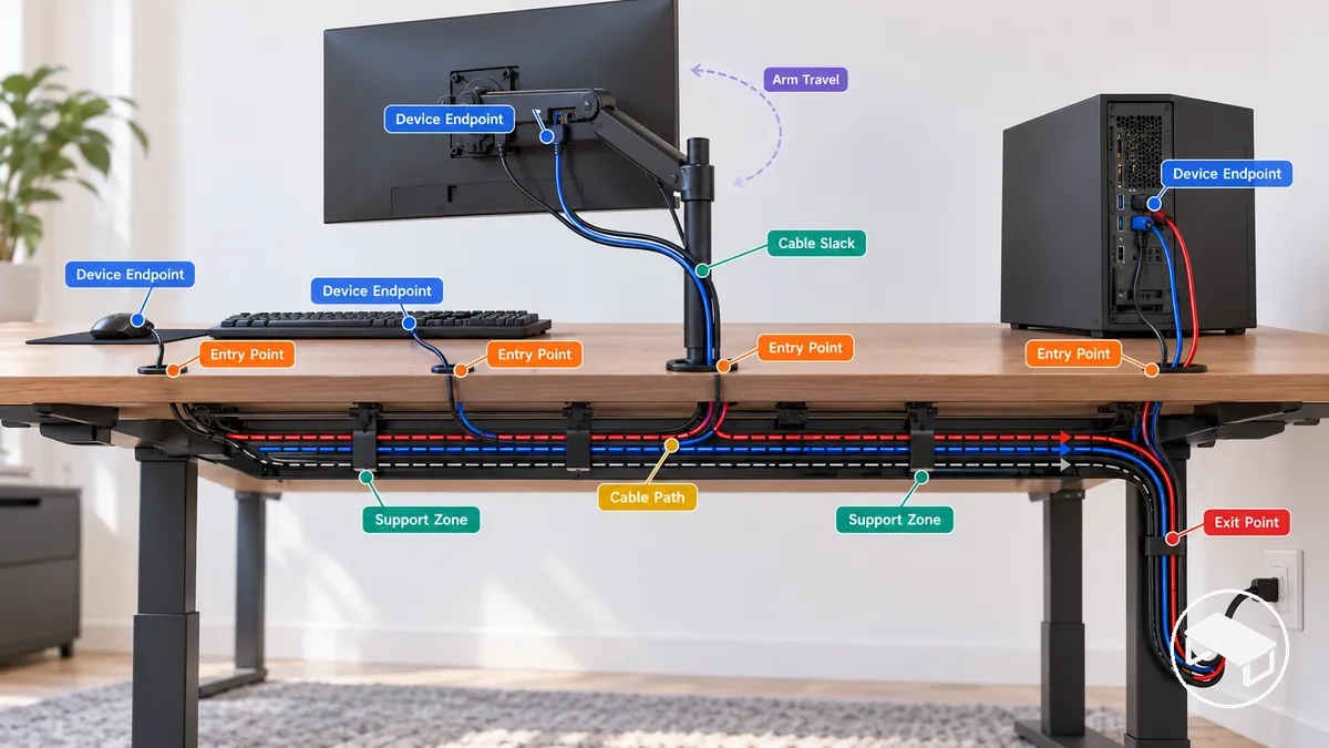 Mapa de cabos da mesa gamer antes da instalação, mostrando pontos do monitor e do computador, pontos de entrada e saída, percurso de cabos sob a mesa, zonas de suporte e zona de movimento do braço do monitor