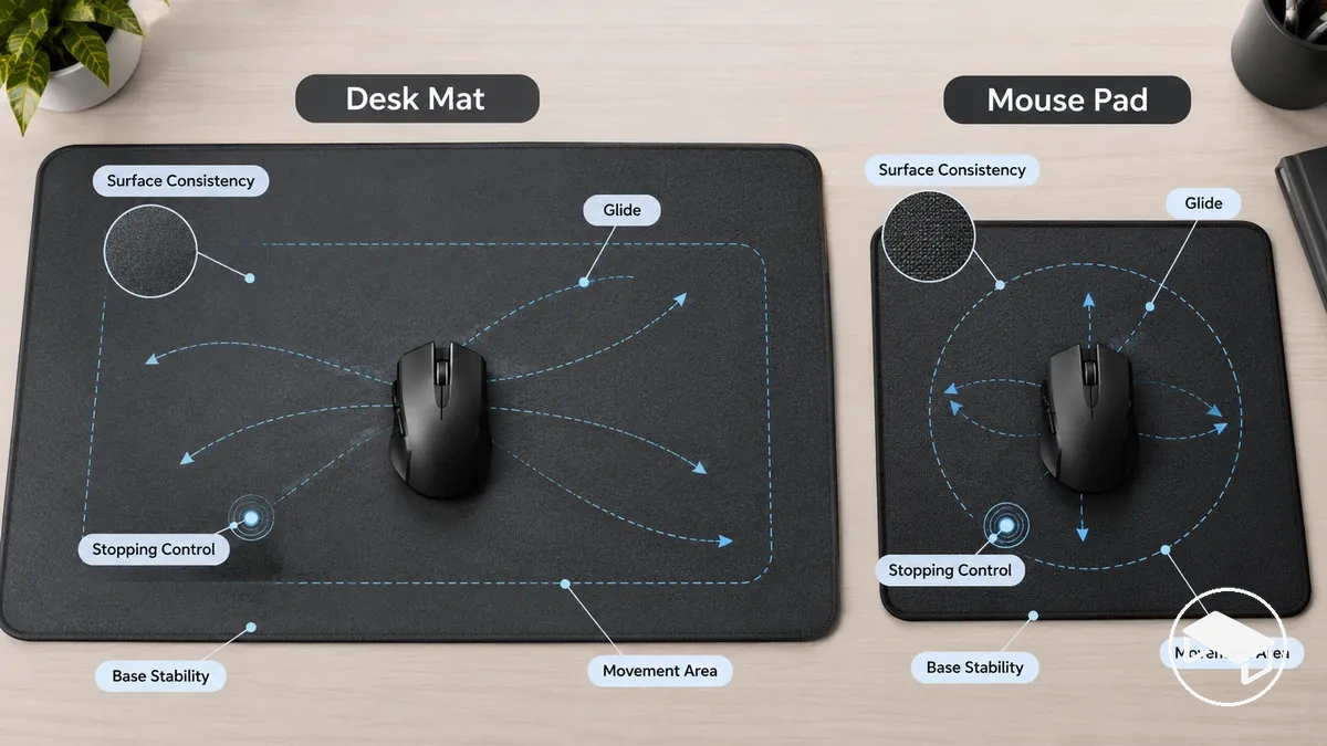 Mouse gamer sobre uma superfície estável com uma zona de movimento visível, ilustrando deslizamento, controle de parada e área útil de movimento