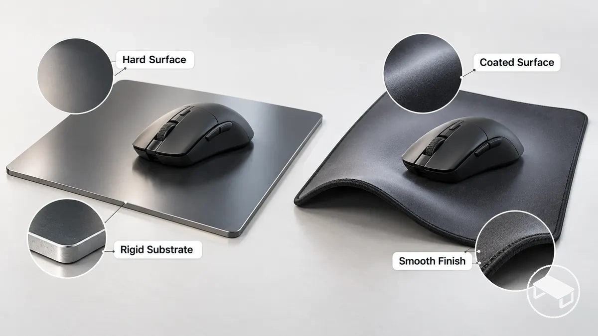Superfície rígida de mouse pad estendido para mesa gamer ao lado de uma superfície lisa revestida flexível mostrando diferenças de substrato e acabamento