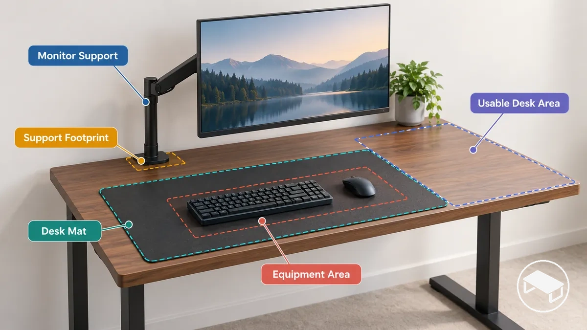 Mesa gamer com suporte de monitor e mouse pad mostrando seu efeito no posicionamento dos equipamentos e na área útil da superfície