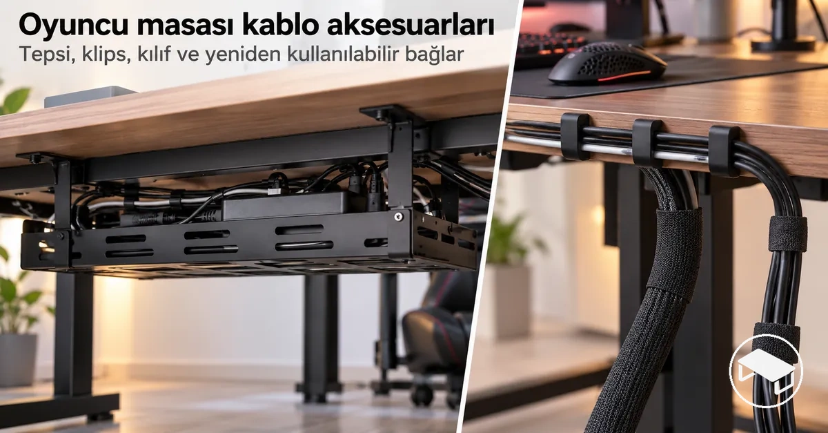 Oyuncu masası için masa altı kablo tepsisi, kablo klipsleri, kablo kılıfları ve yeniden kullanılabilir kablo bağları